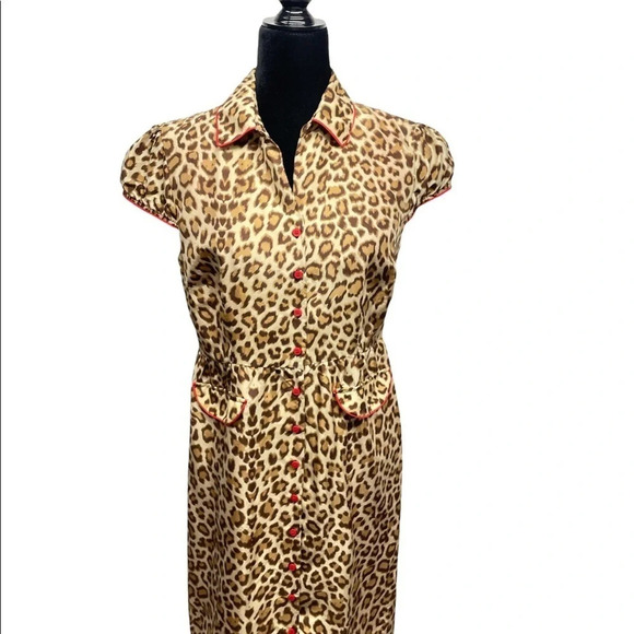 Boston Proper 100% Silk Animal Print Dress w red contrast buttons front Lined - Picture 3 of 12